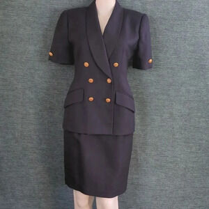 Vintage Kasper For ASL Navy Skirt Suit, Double Breasted Coat